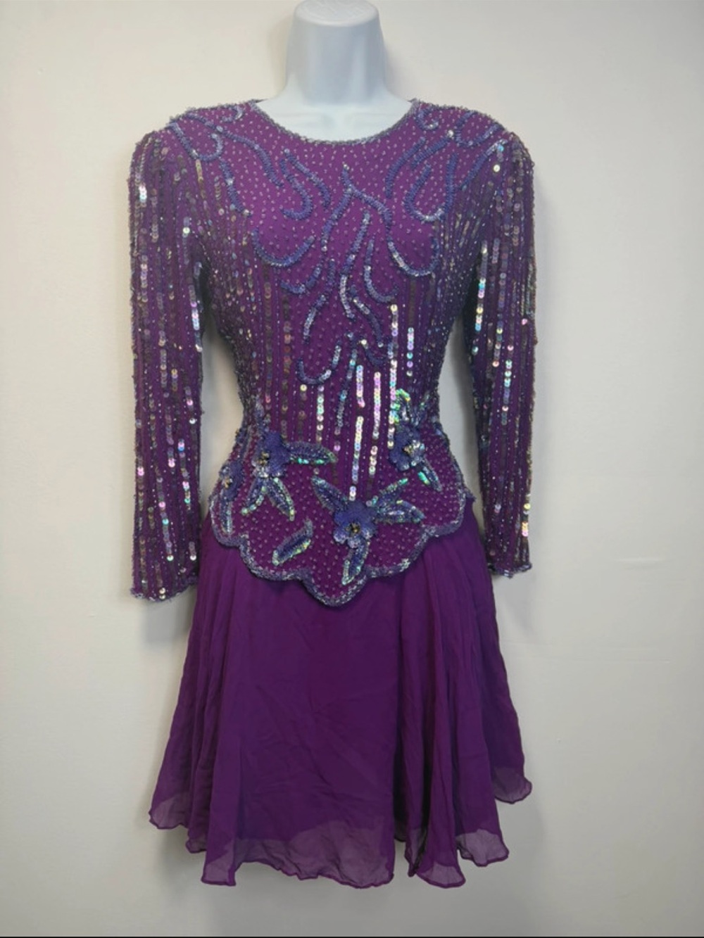 Y2K Purple Sequin Beaded Long-Sleeve Cocktail Dress